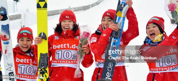 Gold medalists Sara Takanashi, Yuka Seto, Kaori Iwabuchi and Yuki Ito of Japan celebrate after winning the Women's Team duirng day two of the FIS Ski...