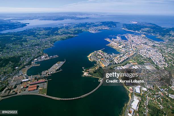 galicia from the air. in spite of its location and industrialisation (mainly naval),other factors have meant that ferrol 's significant industrial growth has not succeeded in helping to create a comprehensive development throughout galicia. - ferrol stock pictures, royalty-free photos & images