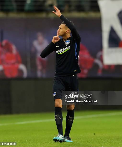 Davie Selke of Hertha BSC celebrates after scoring his team's first goal during the Bundesliga match between RB Leipzig and Hertha BSC at Red Bull...