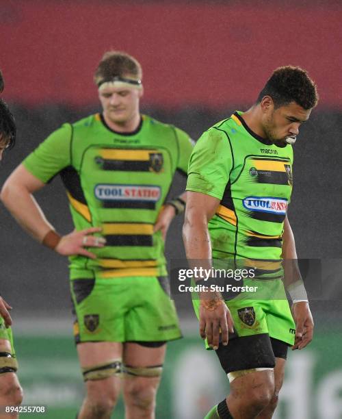 Saints player Luther Burrell and team mates react during the European Rugby Champions Cup match between Ospreys and Northampton Saints at Liberty...