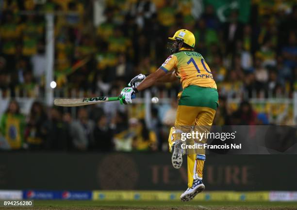 Shahid Afridi of Pakhtoons bats during the semi final T10 match between Pakhtoons and Punjabi Legends at Sharjah Cricket Stadium on December 17, 2017...