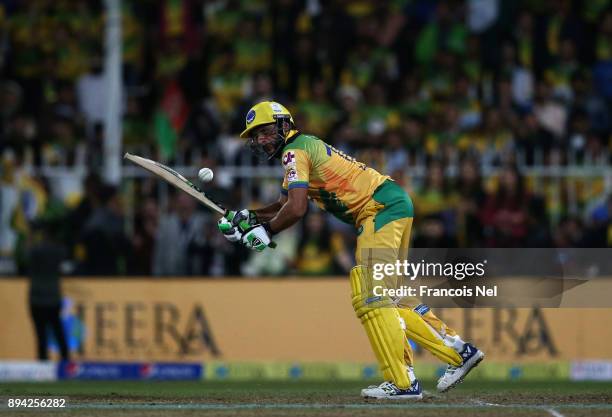 Shahid Afridi of Pakhtoons bats during the semi final T10 match between Pakhtoons and Punjabi Legends at Sharjah Cricket Stadium on December 17, 2017...