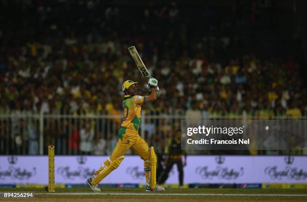 Shahid Afridi of Pakhtoons bats during the semi final T10 match between Pakhtoons and Punjabi Legends at Sharjah Cricket Stadium on December 17, 2017...