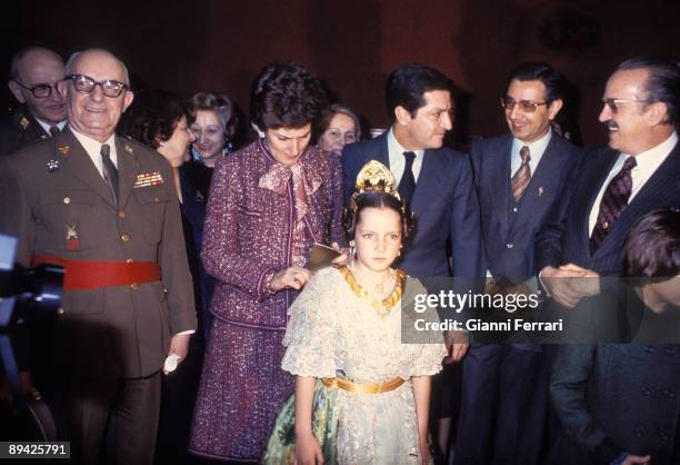 March 19, 1977. Valencia. Spain. Government president, Adolfo Suarez, with his wife Amparo Illana and his daughter Sonsoles, dressed as fallera, in...