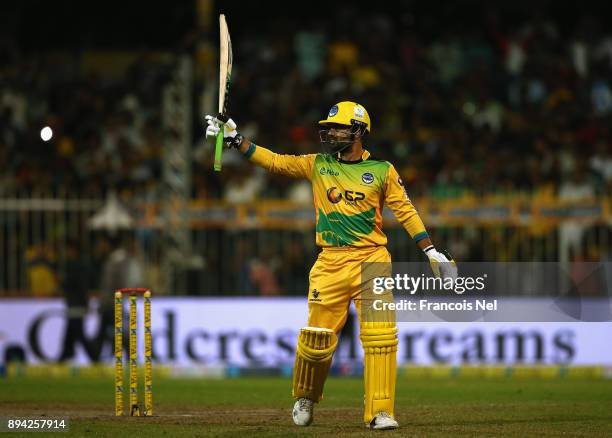 Ahmed Shehzad of Pakhtoons signals during the semi final T10 match between Pakhtoons and Punjabi Legends at Sharjah Cricket Stadium on December 17,...