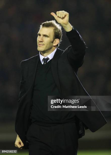 Former Leicester Tigers player Tom Croft thanks the crowd, after retiring from rugby ahead of the European Rugby Champions Cup match between...