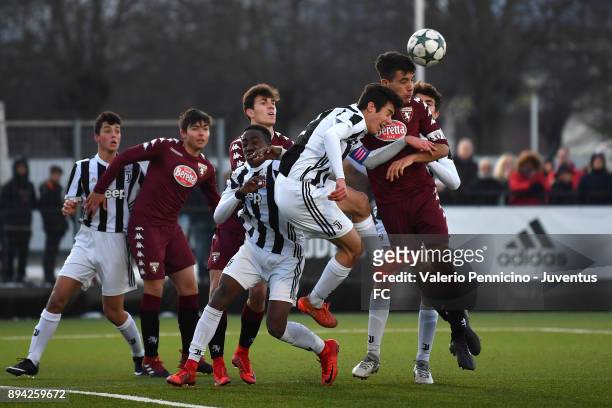 Players of Juventus U16 and Torino FC U16 in action during the match between Juventus U16 and Torino FC U16 at Juventus Center Vinovo on December 17,...