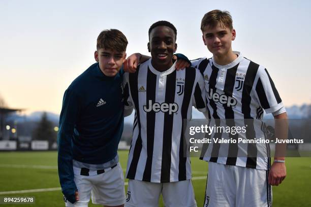 Franco Tongya of Juventus U16 celebrates victory at the end of the match between Juventus U16 and Torino FC U16 at Juventus Center Vinovo on December...