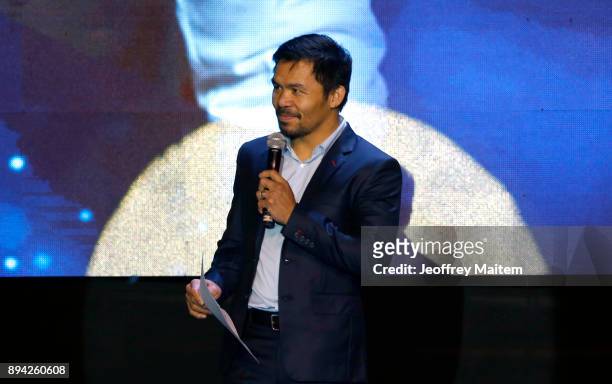 Boxer Manny Pacquiao speaks as he celebrates his 39th birthday at KCC convention center on December 17, 2017 in General Santos, Philippines.