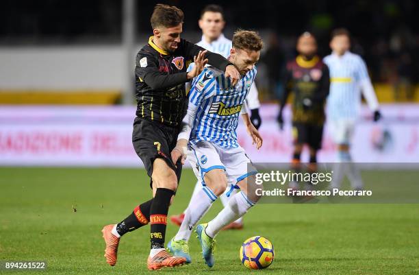 Player of Benevento Calcio Marco D'Alessandro vies with Spal player Manuel Lazzari during the Serie A match between Benevento Calcio and Spal at...
