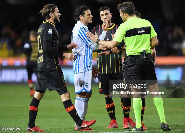 Referee Fabrizio Pasqua discusses with Spal player Sergio Floccari and Benevento Calcio players Andrea Costa and Danilo Cataldi after having revoked...