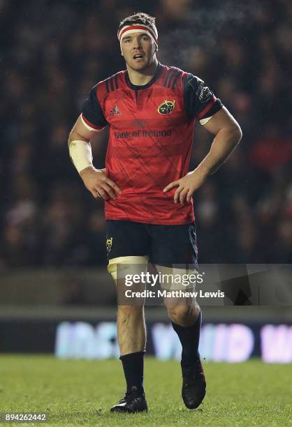 Peter O'Mahony of Munster in action during the European Rugby Champions Cup match between Leicester Tigers and Munster Rugby at Welford Road on...