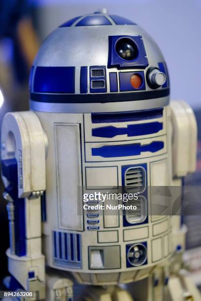 Robot R2-D2, R2 series astromech droid featuring in the Star Wars movies is exhibited at the 'Star Wars Exhibition' at Telefonica flagship store on...