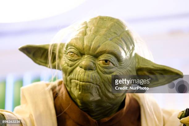 Scuplture of Yoda is exhibited at the 'Star Wars Exhibition' at Telefonica flagship store on December 17, 2017 in Madrid, Spain