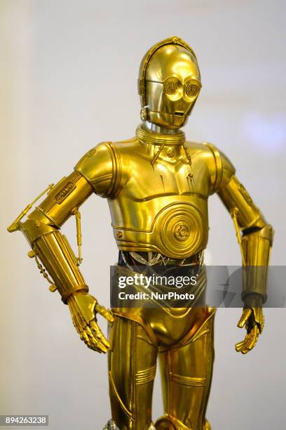 Figure of C-3PO is exhibited at the 'Star Wars Exhibition' at Telefonica flagship store on December 17, 2017 in Madrid, Spain