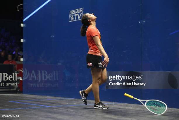 Raneem El Welily of Egypt celebrates match point after victory over Nour El Sherbini of Egypt in the Women's Final during the AJ Bell PSA World...