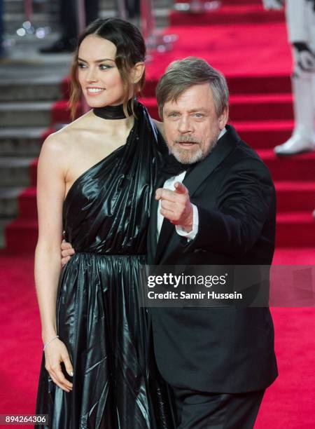 Daisy Ridley and Mark Hamill attend the European Premiere of 'Star Wars: The Last Jedi' at Royal Albert Hall on December 12, 2017 in London, England.