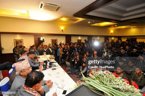 Chairman Puspa Kamal Dahal speaking to media during a press meet organised by the left alliance Kathmandu, Nepal on Sunday, December 17, 2017.