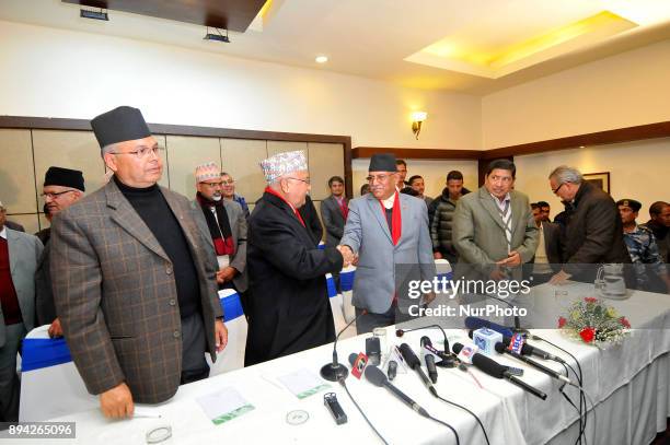 Chairman KP Sharma Oli and CPN Chairman Puspa Kamal Dahal shakes hand after a press meet organised by the left alliance Kathmandu, Nepal on Sunday,...