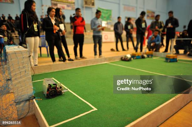 Player of UA robotics 1 goal keeper guards the goal post during Yantra National League on robotics competition at Army training centre, Lagankhel,...