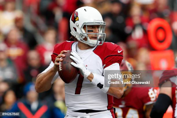 Quarterback Blaine Gabbert of the Arizona Cardinals throws the ball in the first quarter against the Washington Redskins at FedEx Field on December...