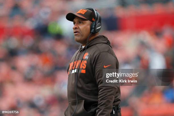 Head coach Hue Jackson of the Cleveland Browns looks on in the first quarter against the Baltimore Ravens at FirstEnergy Stadium on December 17, 2017...