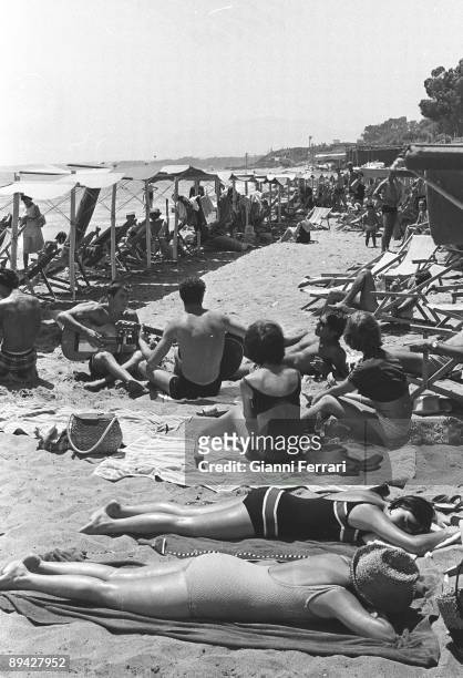 January 01, 1964. Malaga, Spain. People in the beach.