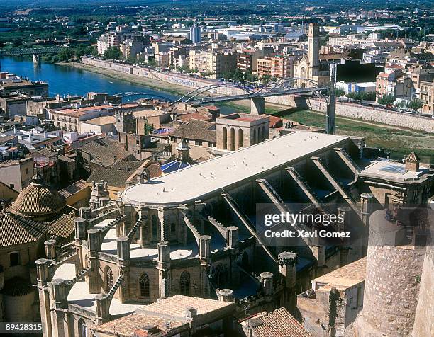 tortosa, tarragona. catalonia (spain). cathedral and ebro river. - flying buttress foto e immagini stock