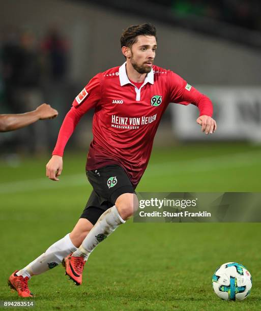 Julian Korb of Hannover in action during the Bundesliga match between Hannover 96 and Bayer 04 Leverkusen at HDI-Arena on December 17, 2017 in...