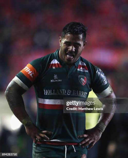 Manu Tuilagi of Leicester Tigers looks oon, after his team lost to Munster during the European Rugby Champions Cup match between Leicester Tigers and...