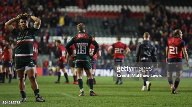 Ben Youngs of Leicester Tigers looks oon, after his team lost to Munster during the European Rugby Champions Cup match between Leicester Tigers and...