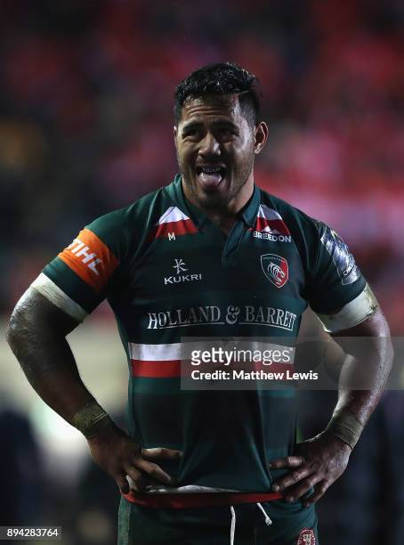 Manu Tuilagi of Leicester Tigers looks oon, after his team lost to Munster during the European Rugby Champions Cup match between Leicester Tigers and...