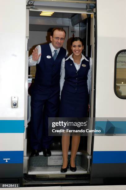 Madrid-Lleida Inauguration of the new high-speed railway between Madrid and Lleida. Train hostesses