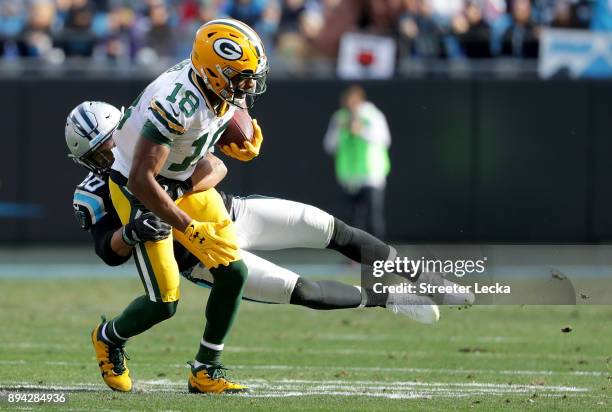 Randall Cobb of the Green Bay Packers runs the ball against Kurt Coleman of the Carolina Panthers in the second quarter during their game at Bank of...