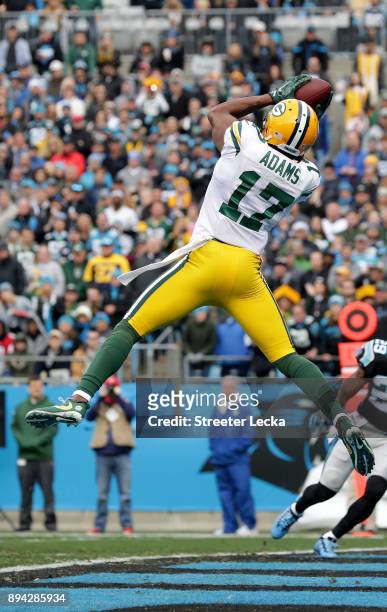 Davante Adams of the Green Bay Packers catches a touchdown pass against the Carolina Panthers in the first quarter during their game at Bank of...