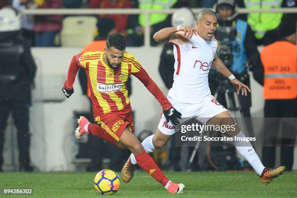 Adem Buyuk of Malatyaspor, Sofiane Feghouli of Galatasaray during the Turkish Super lig match between Malatyaspor v Galatasaray at the Malatya Arena...