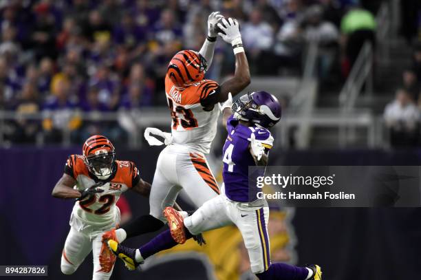 George Iloka of the Cincinnati Bengals breaks up a pass to Stefon Diggs of the Minnesota Vikings in the first half of the game on December 17, 2017...