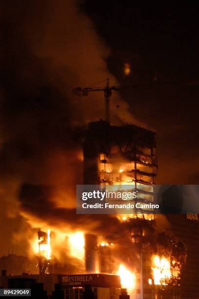 Fire in the Windsor Skycraper in Madrid. A spectacular fire destroys the Windsor offices building in Madrid,one of Madrid's tallest office buildings,...