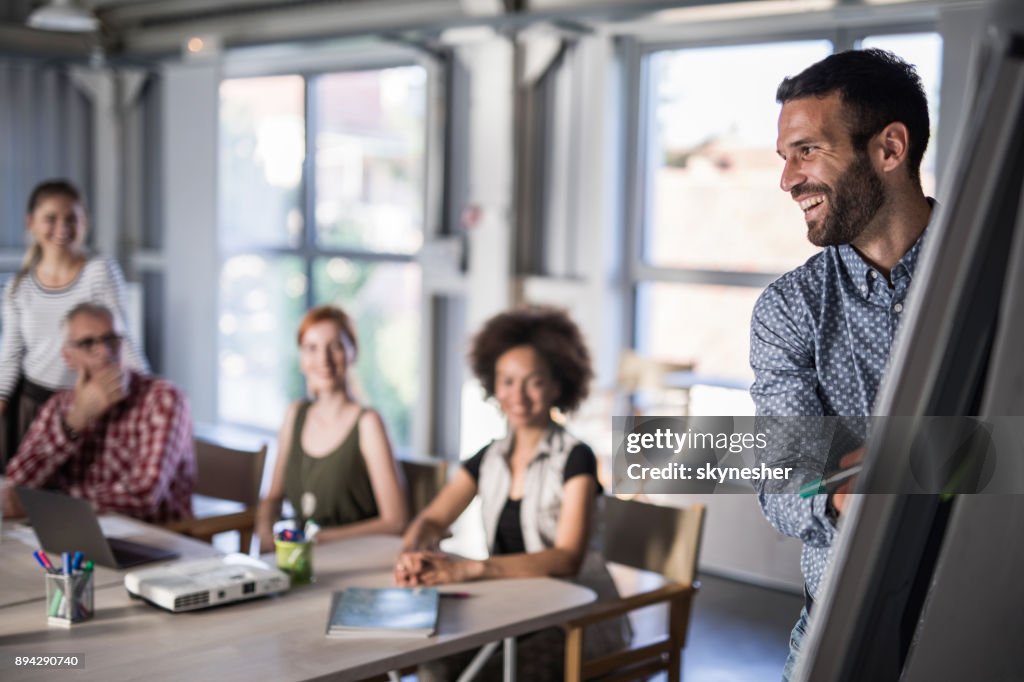 Glücklich Unternehmensführer präsentiert sein Team ein neues Geschäft planen am Whiteboard.