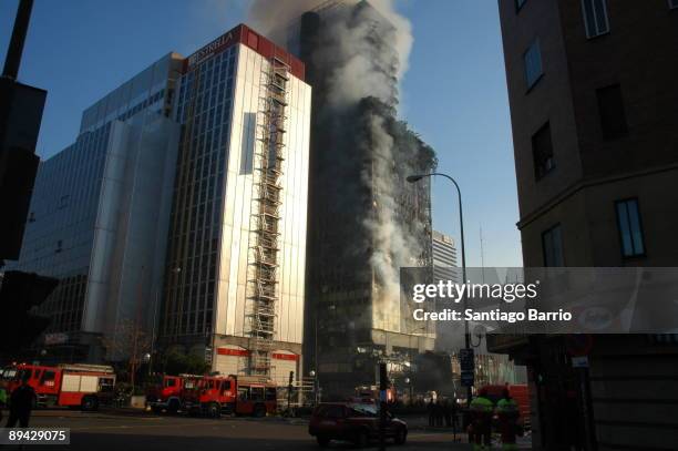 Fire in the Windsor Skycraper in Madrid. A spectacular fire destroys the Windsor offices building in Madrid,one of Madrid's tallest office buildings,...