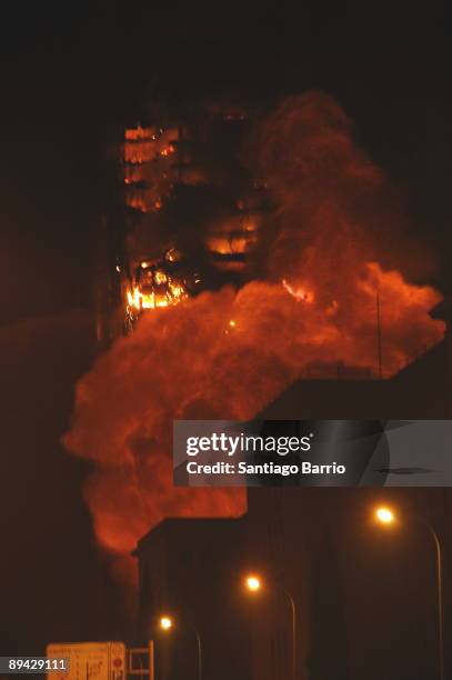 Fire in the Windsor Skycraper in Madrid. A spectacular fire destroys the Windsor offices building in Madrid,one of Madrid's tallest office buildings,...