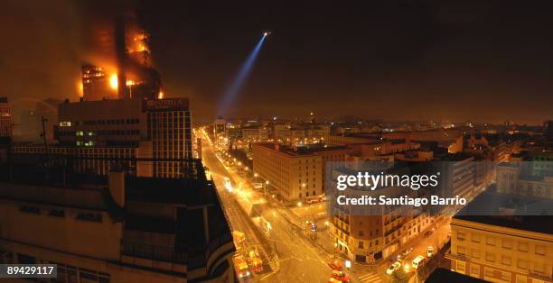 Fire in the Windsor Skycraper in Madrid. A spectacular fire destroys the Windsor offices building in Madrid,one of Madrid's tallest office buildings,...