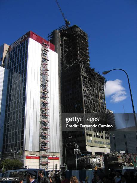 Madrid, Spain. Start of the demolition works to the remains of the building Windsor after the fire.