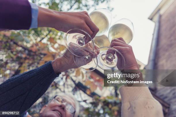social seniors. two granddaughters and grandfather celebrating, toasting with white vine - white vinegar stock pictures, royalty-free photos & images