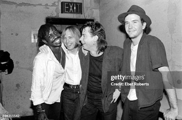 Steve Jordan, Tom Petty, Michael Shrieve and actor Timothy Hutton backstage at a Tom Petty show at the Jones Beach Theater in Wantagh, Long Island,...