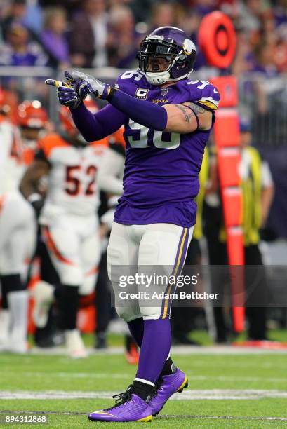 Brian Robison of the Minnesota Vikings celebrates a sack in the second quarter of the game against the Cincinnati Bengals on December 17, 2017 at...
