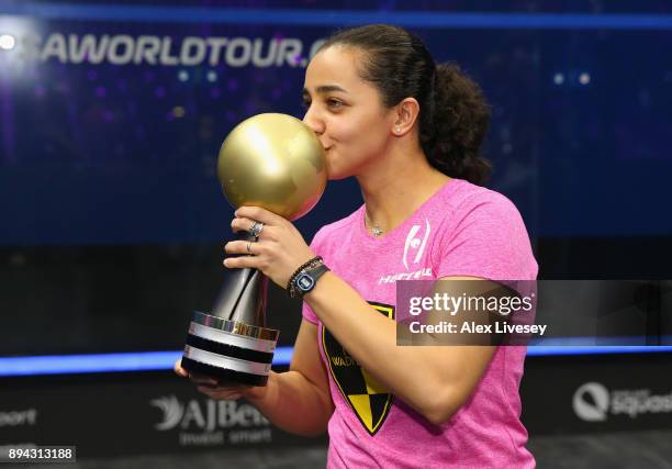 Raneem El Welily of Egypt kisses the AJ Bell PSA World Squash Championships trophy after victory over Nour El Sherbini of Egypt in the Women's Final...