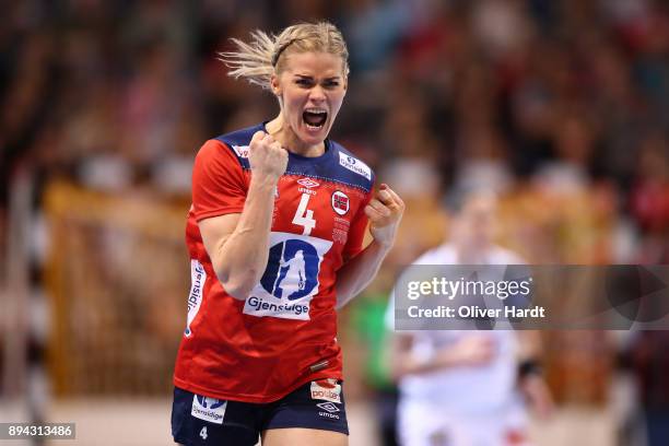 Veronica Egebakken Kristiansen of Norway celebrate during the IHF Women's Handball World Championship final match between France and Norway at...