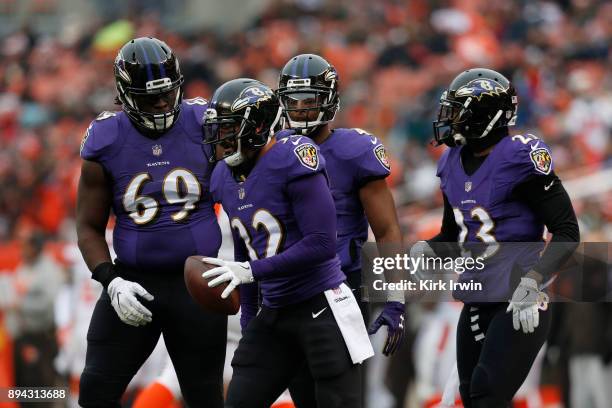 Eric Weddle of the Baltimore Ravens celebrates an interception in the first half against the Cleveland Browns at FirstEnergy Stadium on December 17,...