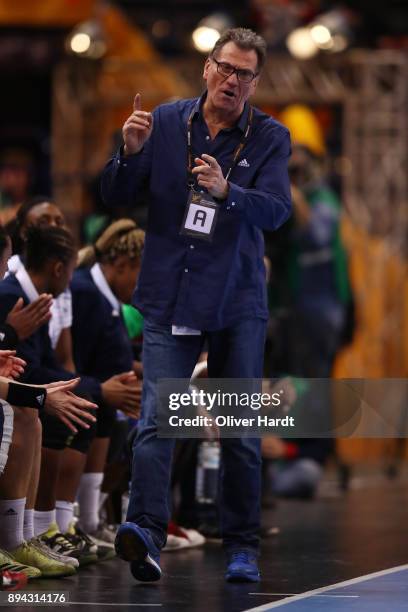 Head coach Oliver Krumbholz of France gesticulated during the IHF Women's Handball World Championship final match between France and Norway at...